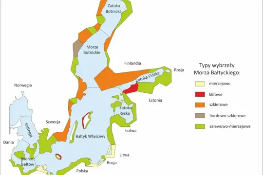 Mapa typów wybrzeży Morza Bałtyckiego, z zaznaczoną Polską i jej wybrzeżem.